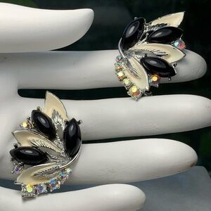 Vintage ART Clip On Earrings Black Ivory Enamel AB Rhinestones